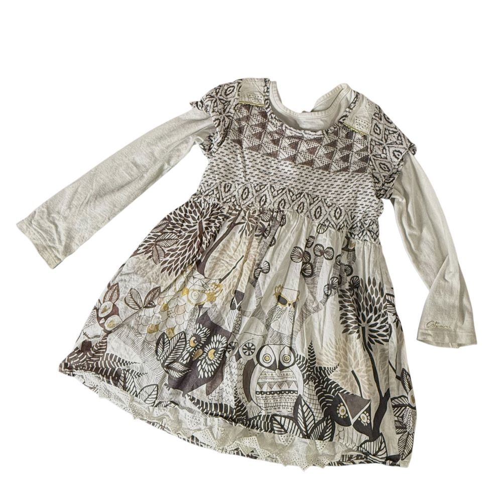 Catimini Toddler Girls Owl Print‎ Dress Long Sleeve Size 4 104CM Whimsical
